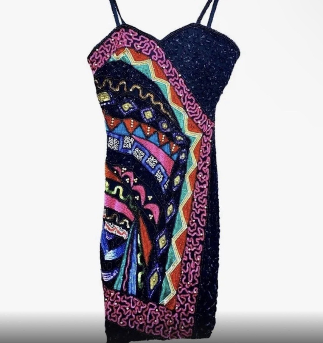 VTG 80’s Statement Fully Beaded & Sequined Abstract Geometric Bodycon Silk Dress