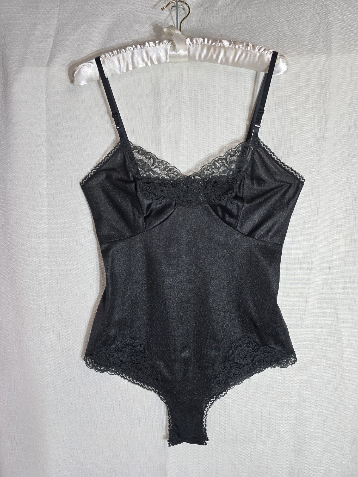 Vintage La Tendresse Silky Soft Nylon Black BodySuit Size M Lace Trim