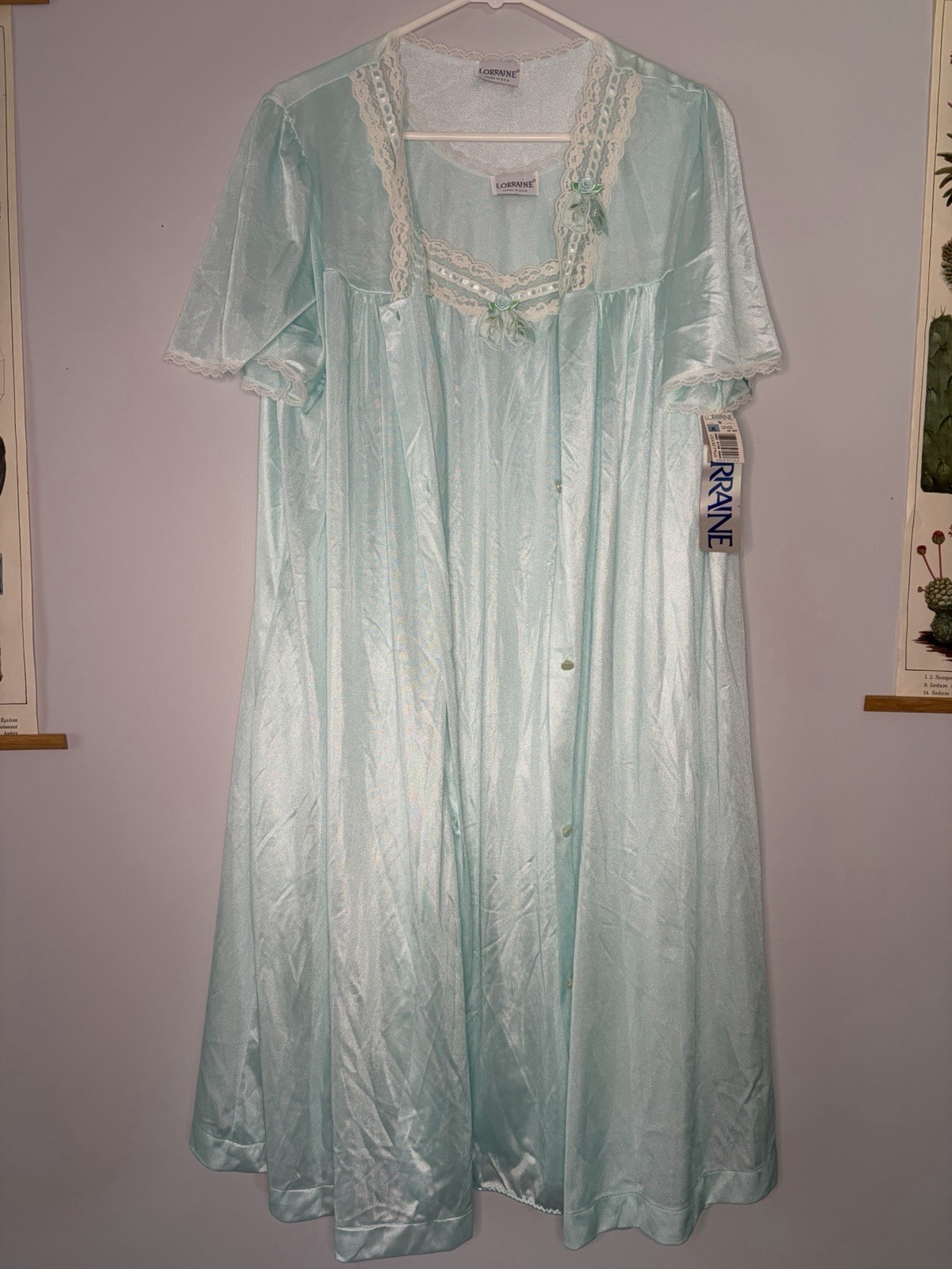 Vintage Lorraine Peignoir Set Nightgown Pale Blue Floral And Lace Detail NWT L