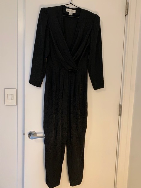 Vintage 1980s Argenti Black Silk Print Long Sleeve Jumpsuit Sz Small