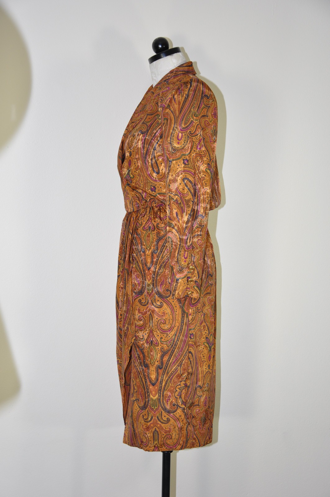 80s Vintage Spice Brown Silky Charmeuse Paisley Strong Shoulder Dress Women S M
