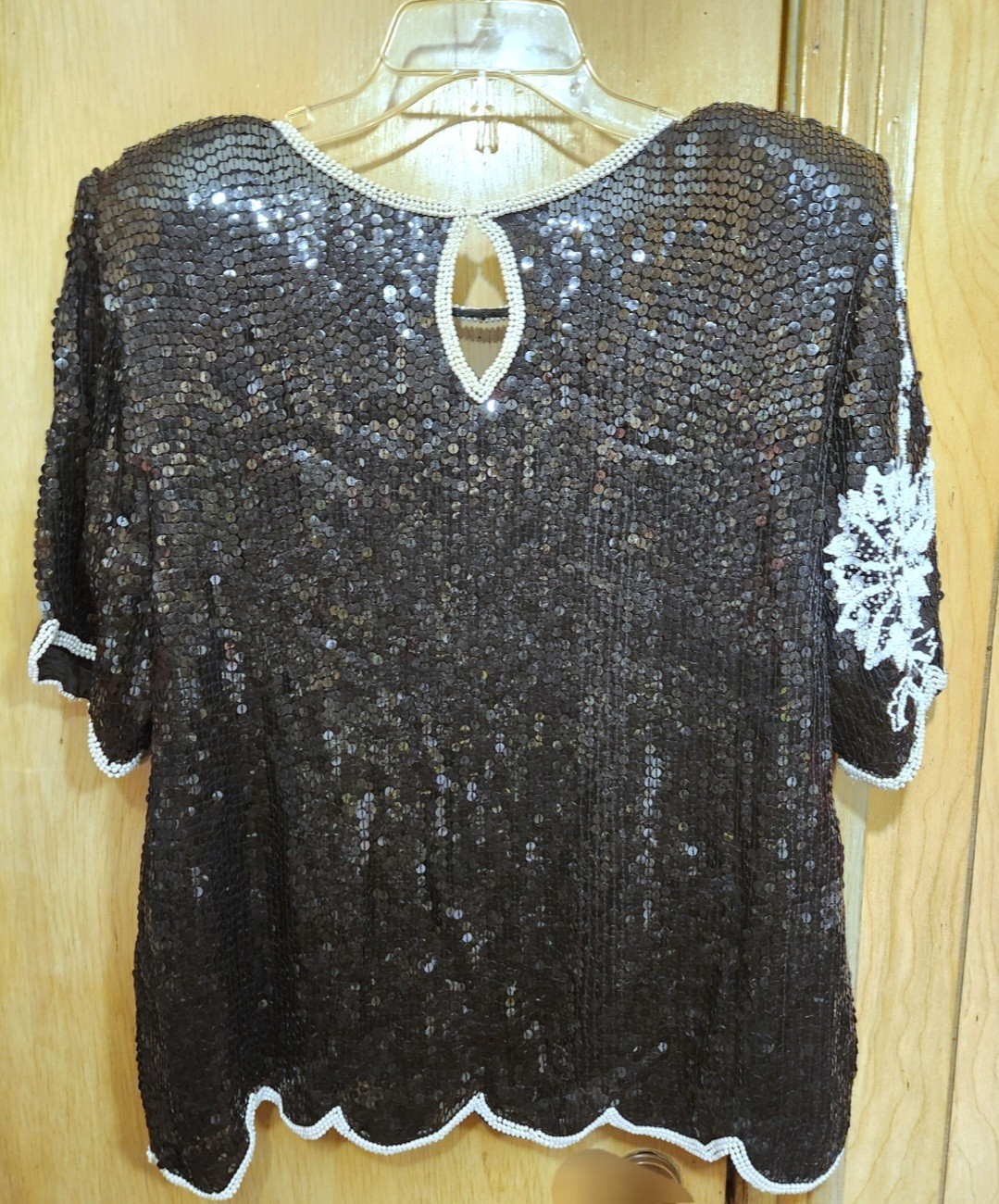Vintage Royal Feelings Silk Blouse Womens XL Beaded Sequins Floral Design Top