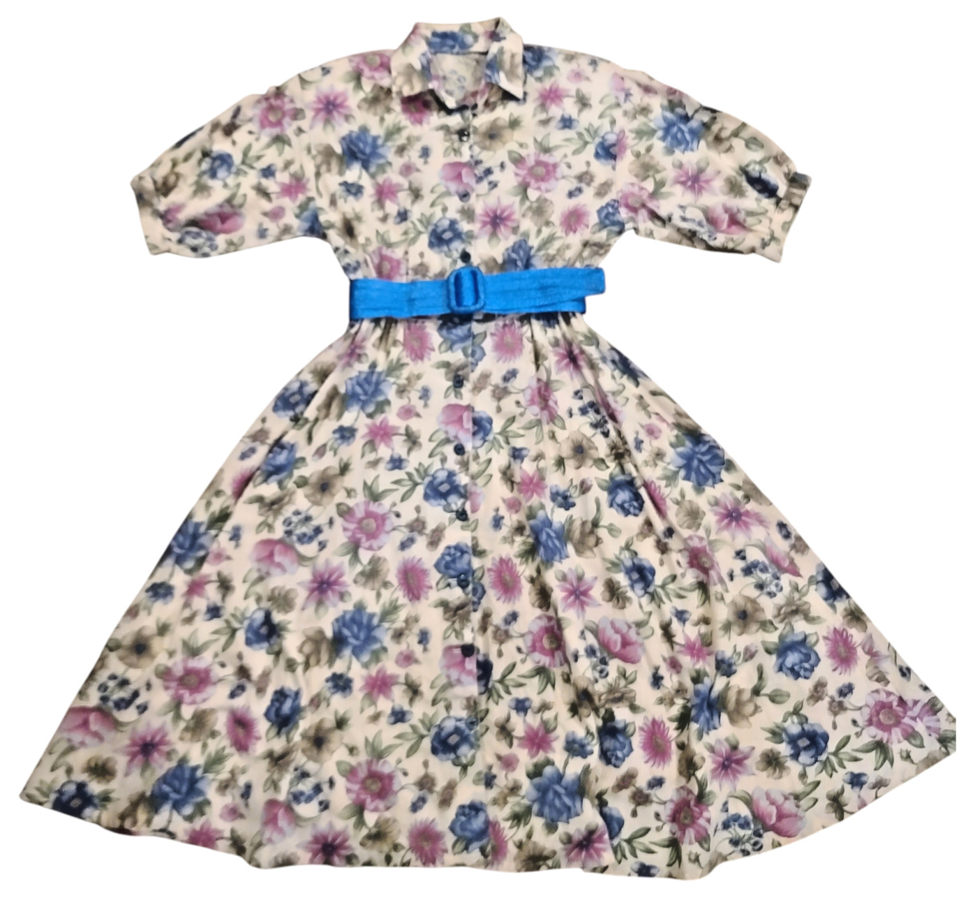 Vintage Floral Midi Button Up Collared Belted Shirt Dress 80s 90s Handmade