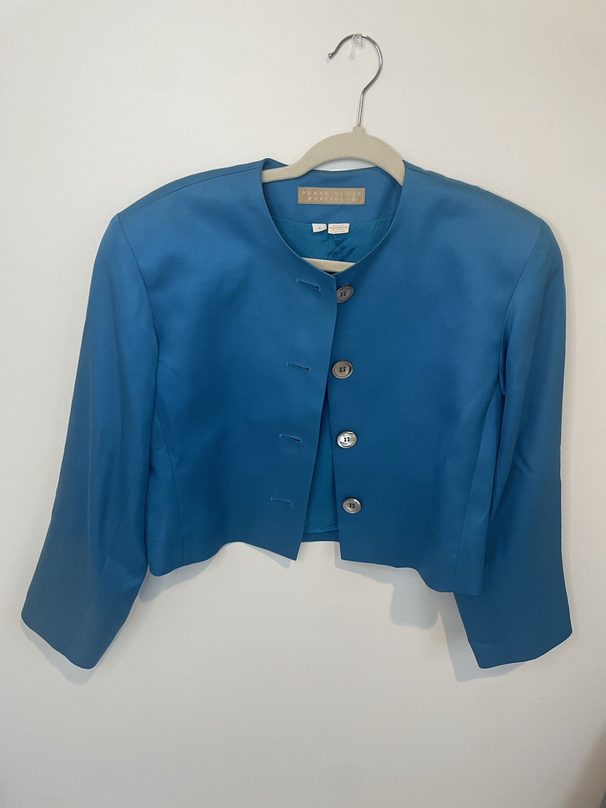 Vintage Perry Ellis Portfolio Blue Silk Blazer Shiny Buttons Old Money Size 6