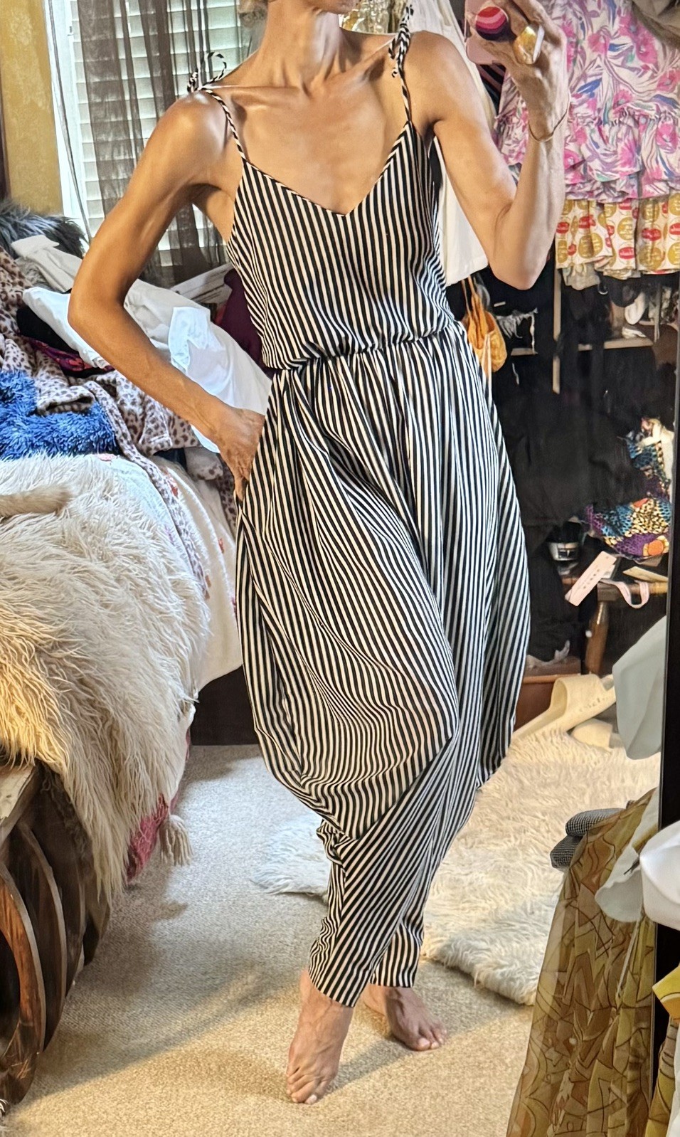 Vtg Diamond’s Run Wayne Harem Striped Jumpsuit Disco Studio 54 70s Dress S M
