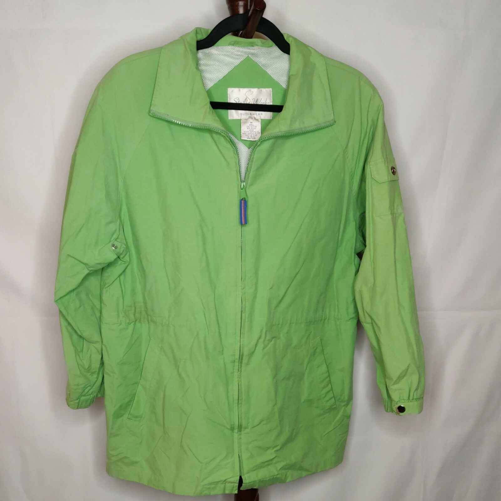 Studio Works Outerwear women’s M jacket green collar zip long sleeves 2 pockets
