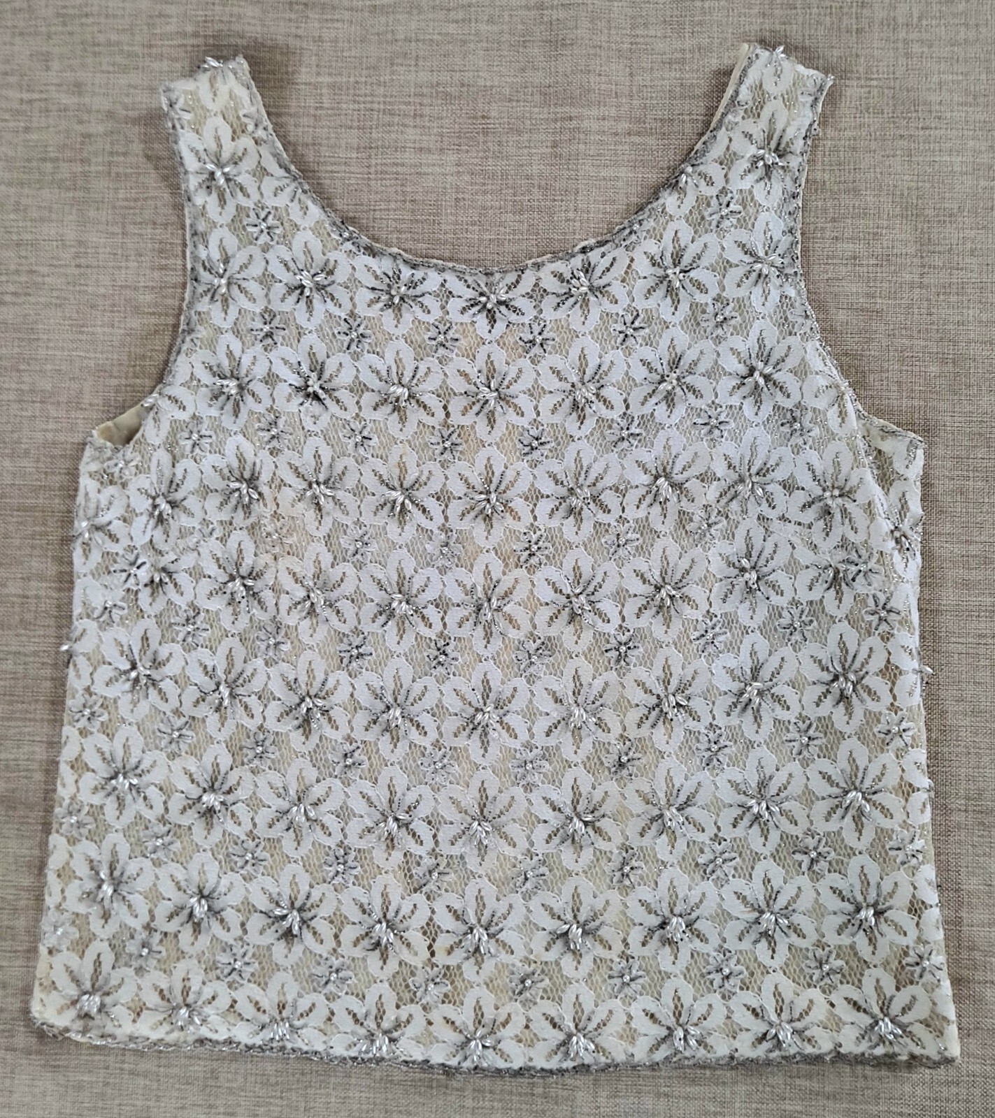 Vintage 1960s Beaded Ivory Lace Shell 36 Bust Pearl Clusters Cocktail Top