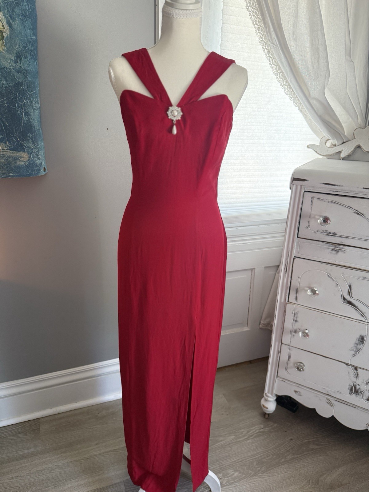 90s Vintage LA Glo Dress Gown Prom Party Cocktail Black Pencil Cutout Collar 7/8