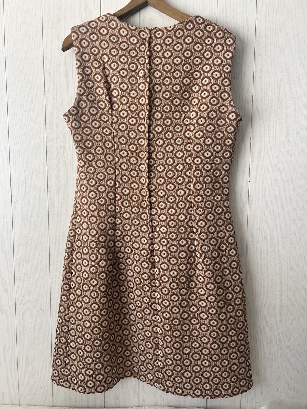 Vtg 60s Mod Shift Dress Brown Geometric Knit Hourglass MCM Medium Large GoGo