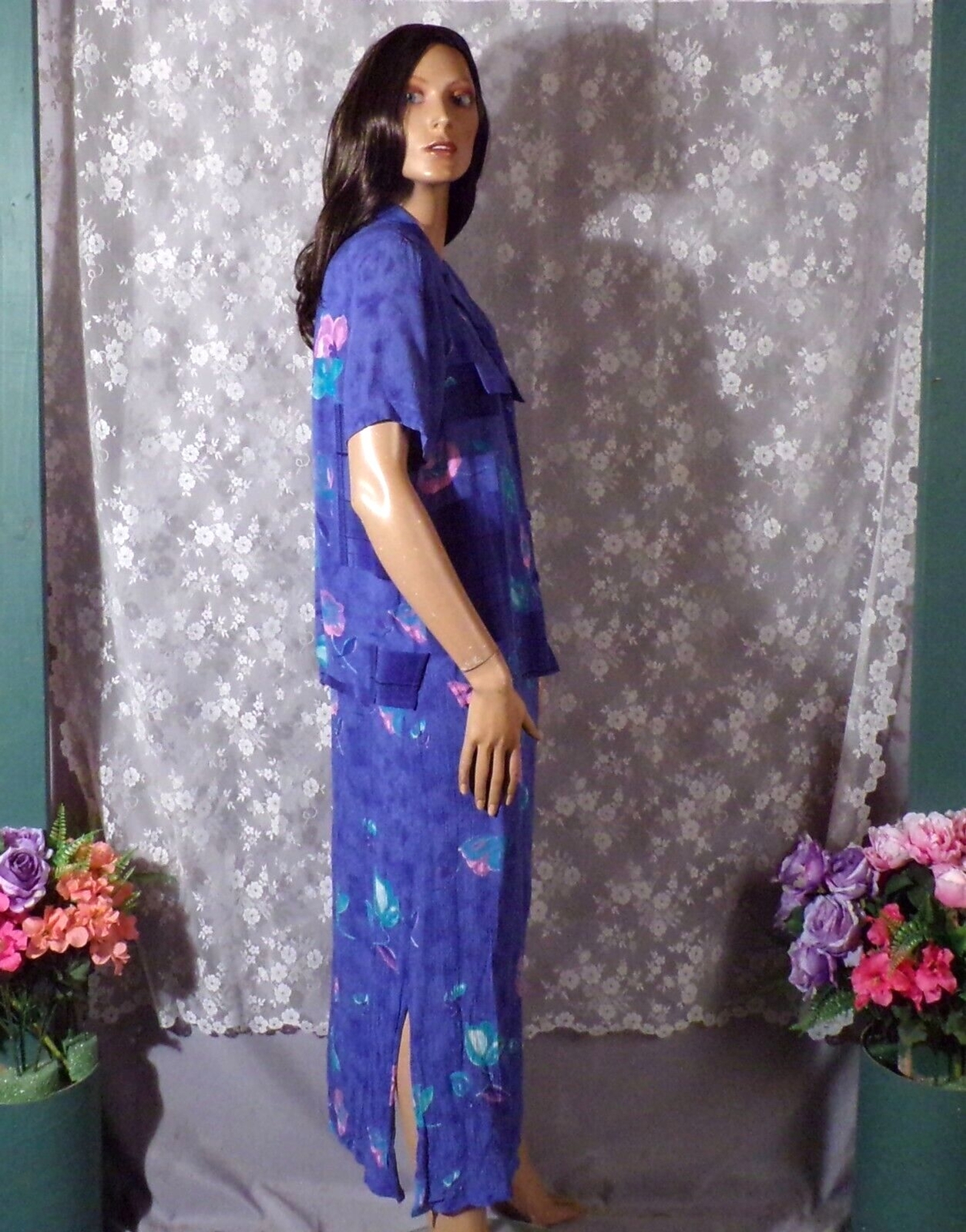 Vintage 90s Blue Floral Dress & Top Size Medium Retro 1990s Boho Watercolors