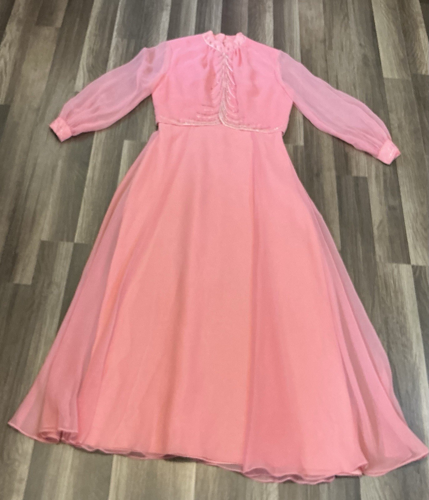 VTG 70’s Elgin Maxi Gown Dress Pink Chiffon Beadwork 5 Victorian Regencycore USA