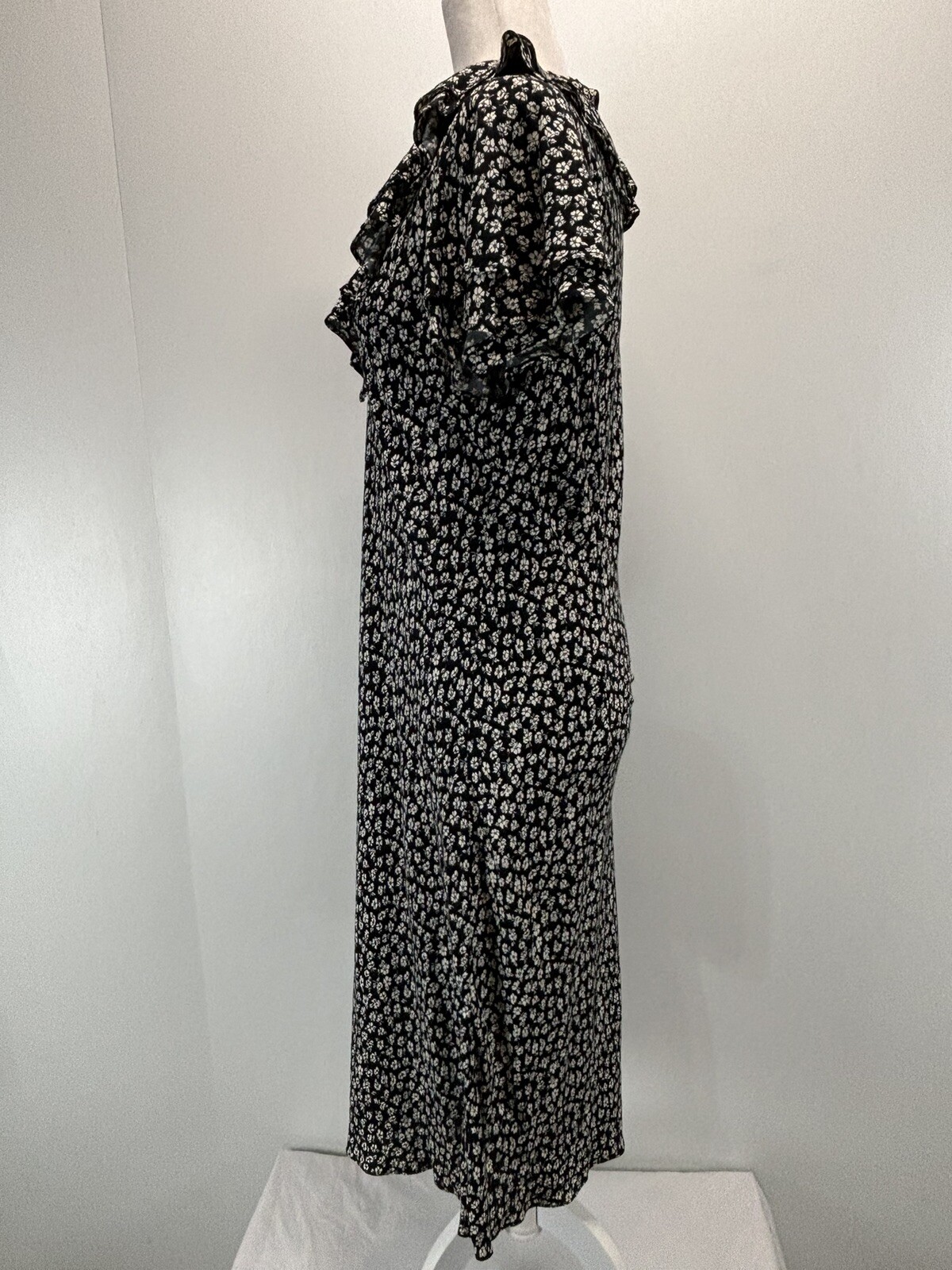 Vtg Betsy Lauren Ditsy Floral Midi Dress Sz 8 Black White Grunge Ruffle 90s