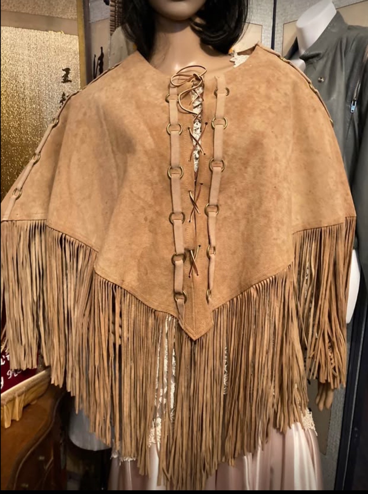 Original 60s vintage lace up suede poncho fringe cape