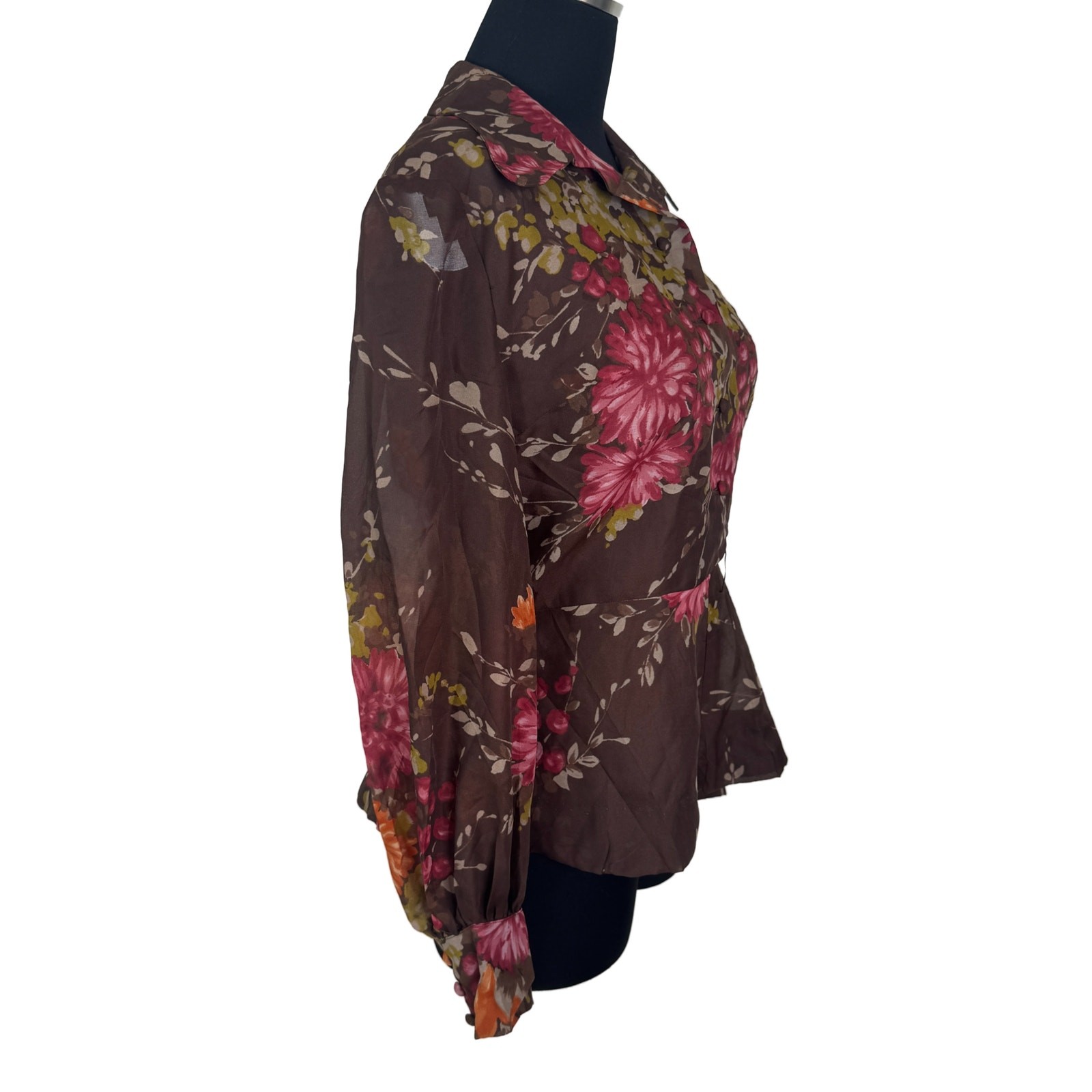 Vintage 1970s Zollner Modell German Floral Blouse Sheer Bishop Sleeve Peplum