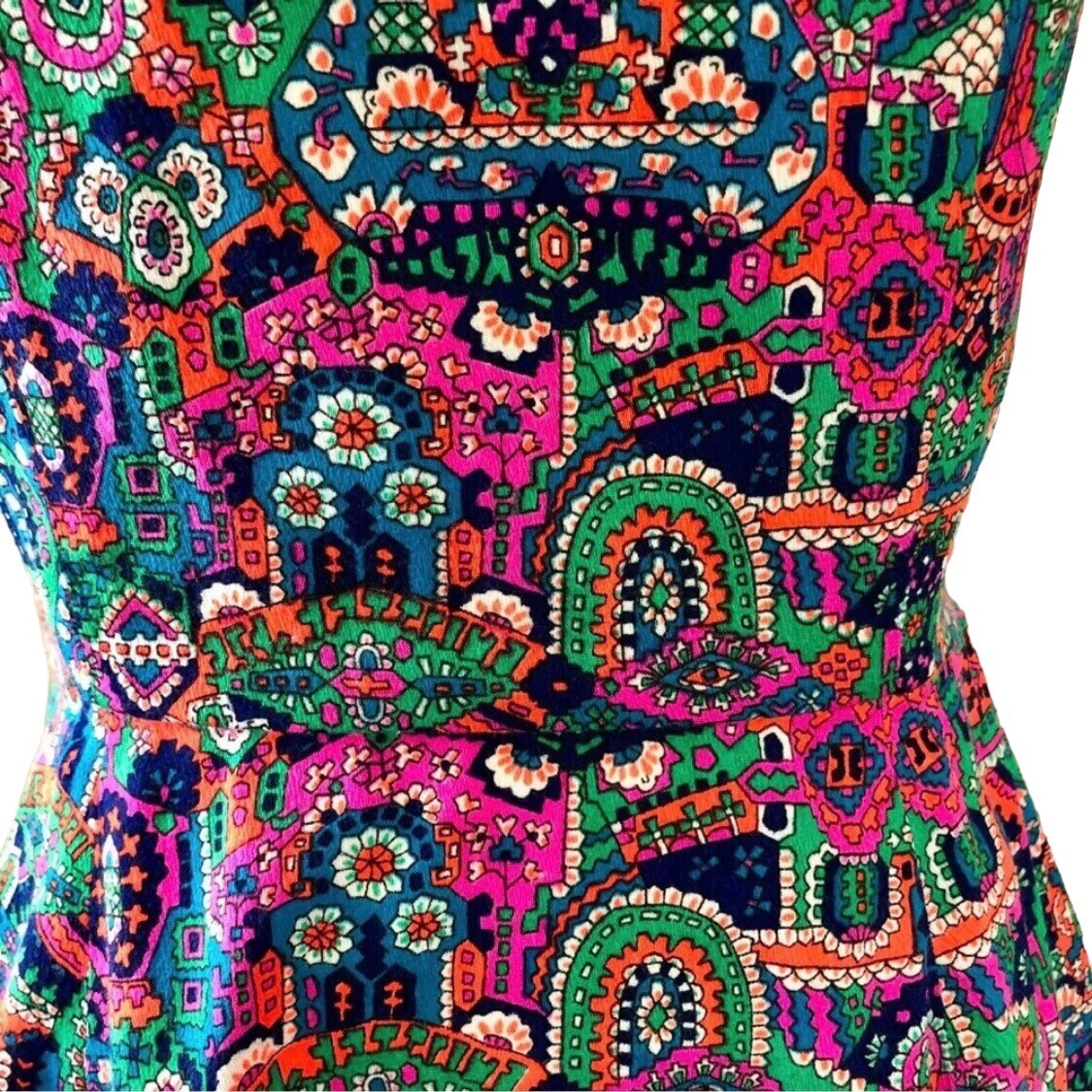 Vtg 70s Skater Mini Dress Medium Bold Colorful Hot Pink Green Open Back Sundress