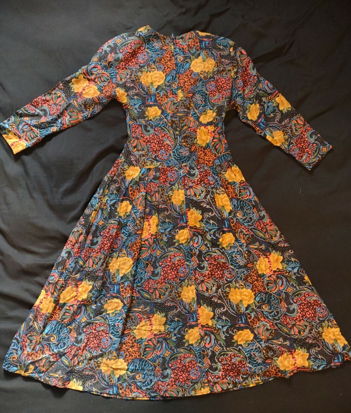 RARE Vintage BOOM Hippie/Bohemian/BOHO Dress, Black Red Blue, Orange Flowers