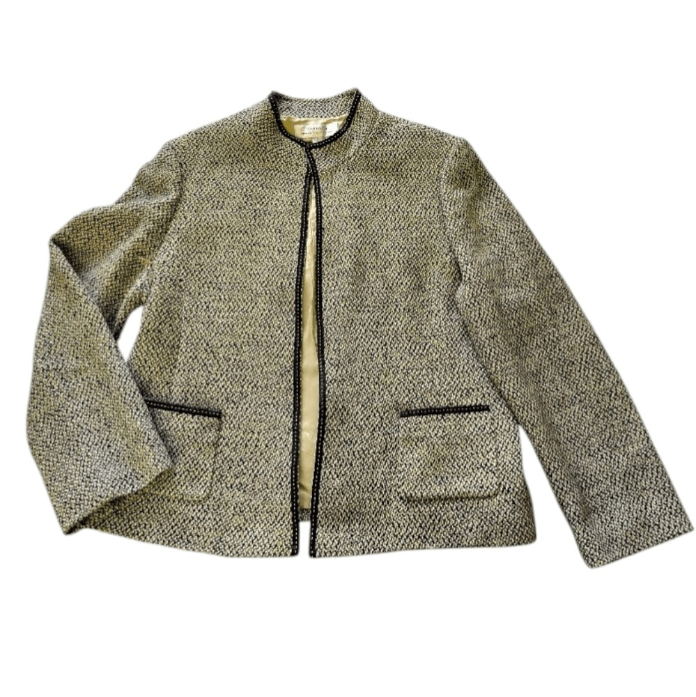 VTG Tahari Green Black Herringbone Tweed Open Front Blazer Plussize 18