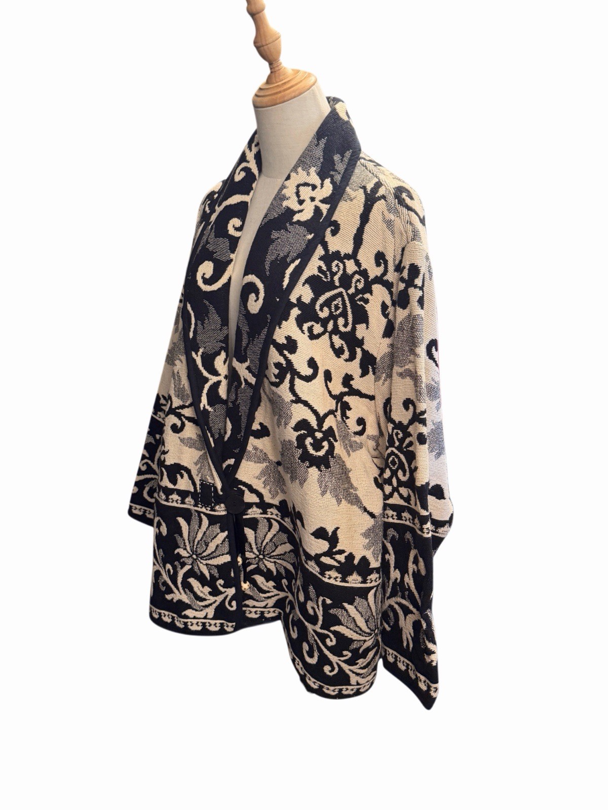 Vintage 90s Tapestry Blanket Coat Black & White Floral Woman’s 22/24W