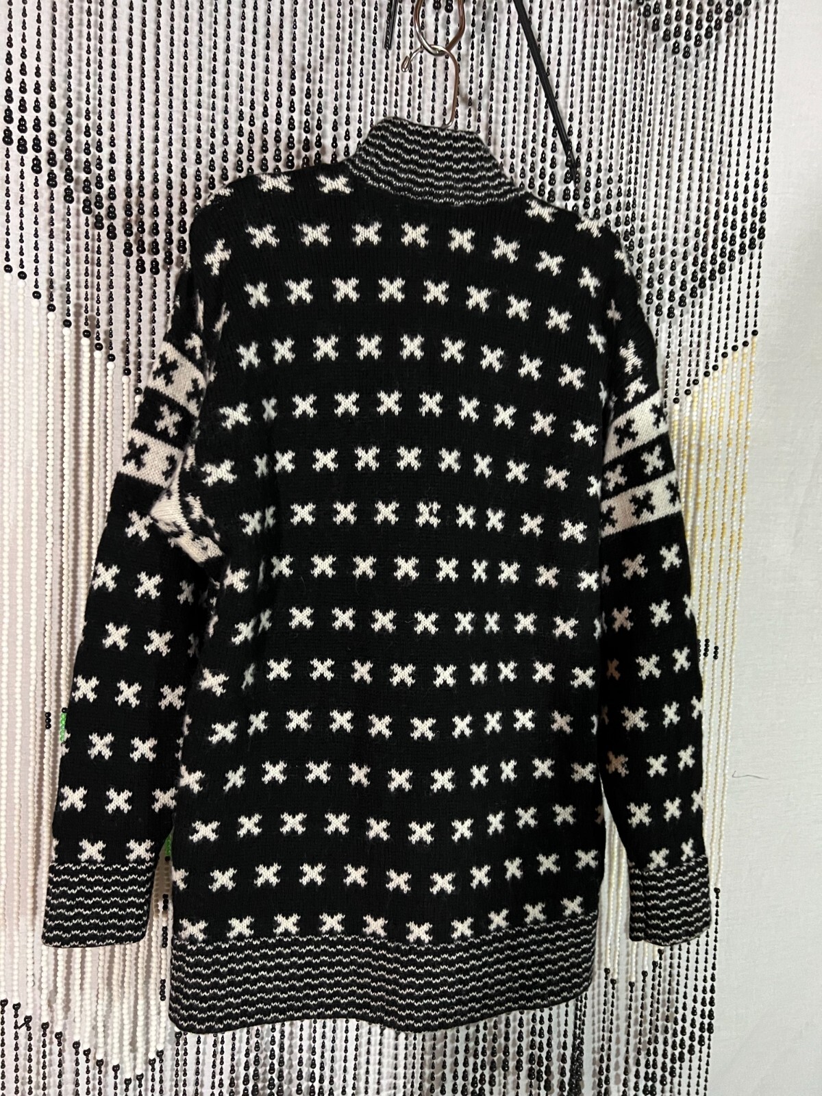 VTG 90s Brass Plum Nordstrom Wool Hip Sweater Turtleneck Zip Black White Geomt M