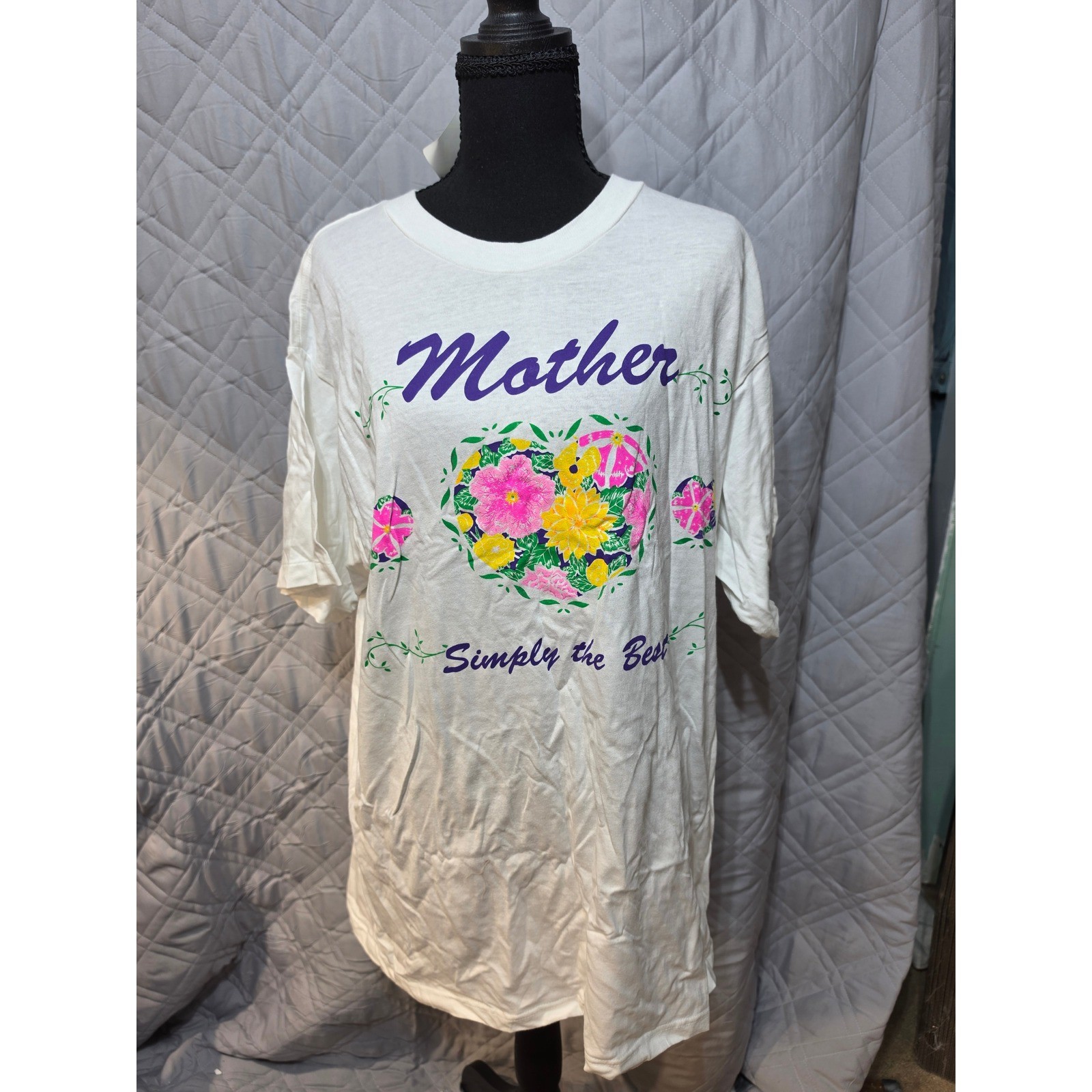 Vintage 90s Mother Simply the Best T-Shirt Single Stitch White Floral Heart L