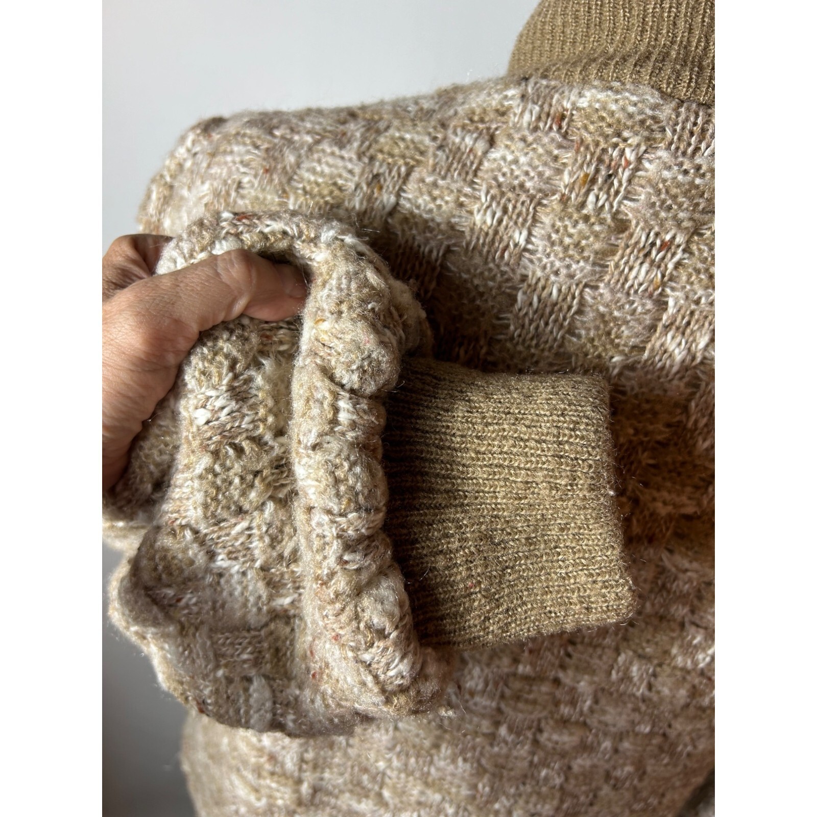 Vintage Hippie Boho Jacket Women L Beige Textured Knit Zipper & Button Closure
