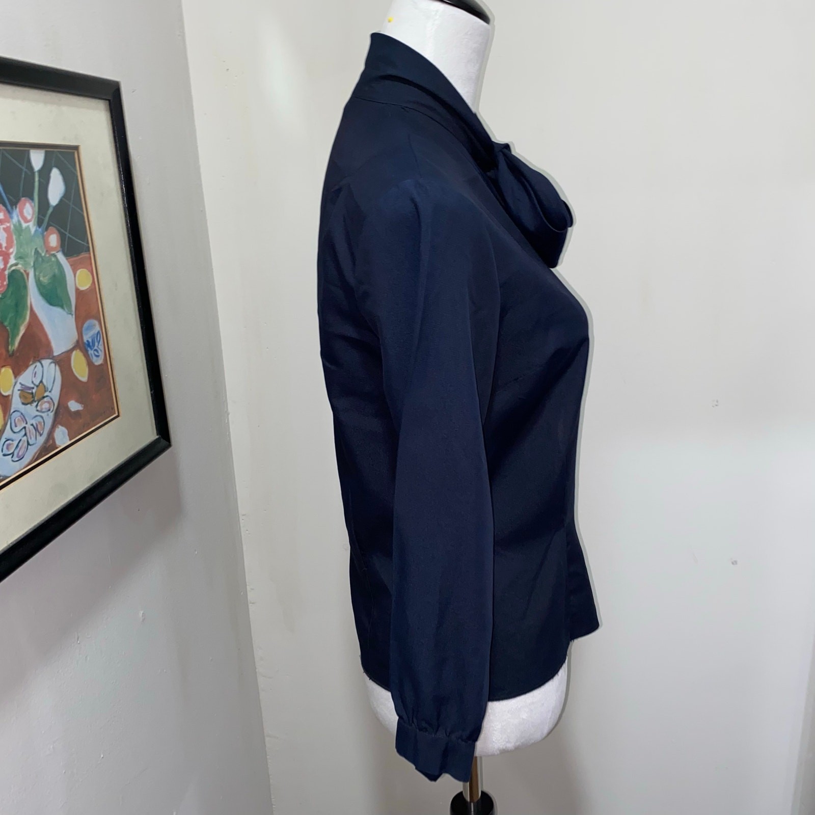 Vintage Navy Blue Fitted Blouse 3/4 Sleeves Pussy Bow 1960-70s Retro Button Down