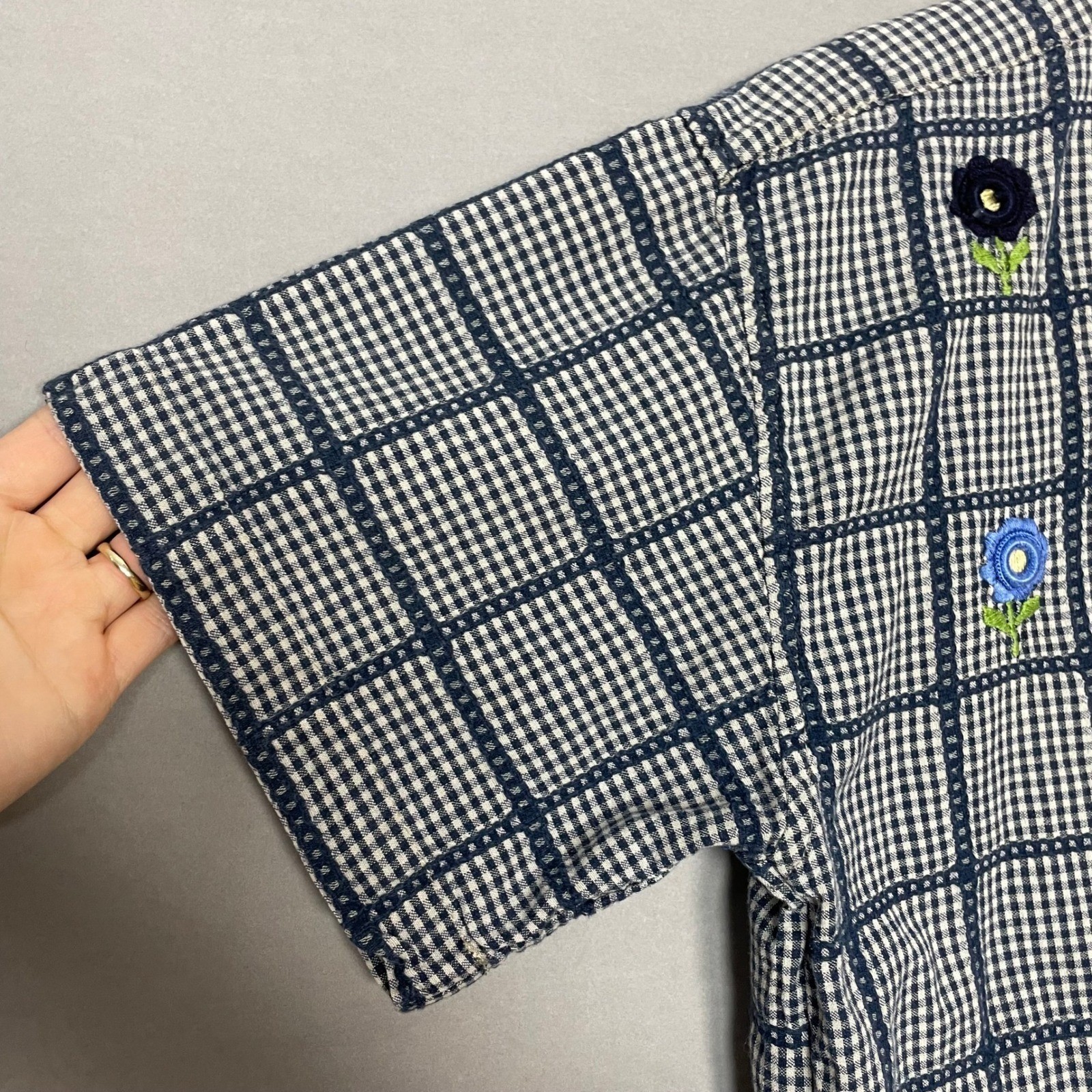 Vintage Gingham Shirt Floral Embroidery Women Size Large Cotton Country Twee Top