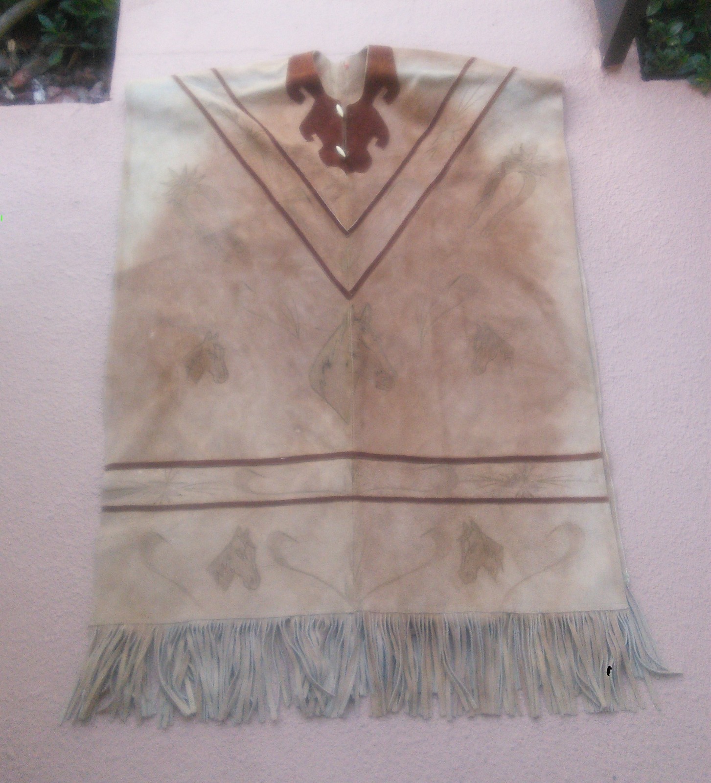 Vintage Men’s Mexican Handmade Suede Leather Poncho Western Fringe Hand Drawn OS