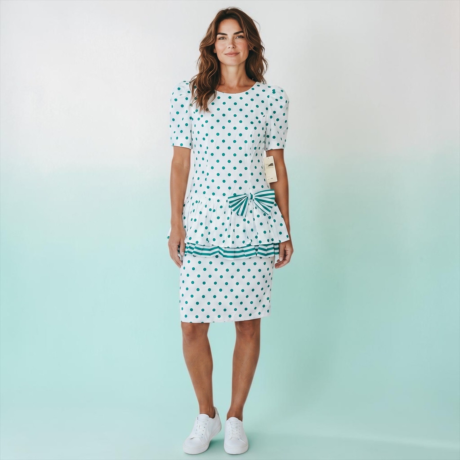 Sunshine Starshine Vintage 80s Polka Dot Peplum Dress Teal White Bow Size 14 NWT