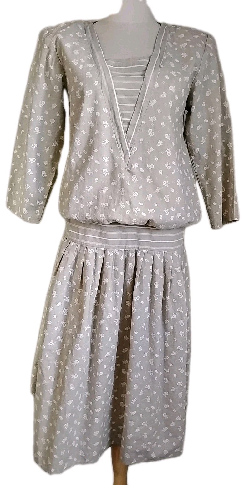 Vtg You Babes Drop-Waist Edwardian V-Neck Prairie Cottage Dress Calico Floral S