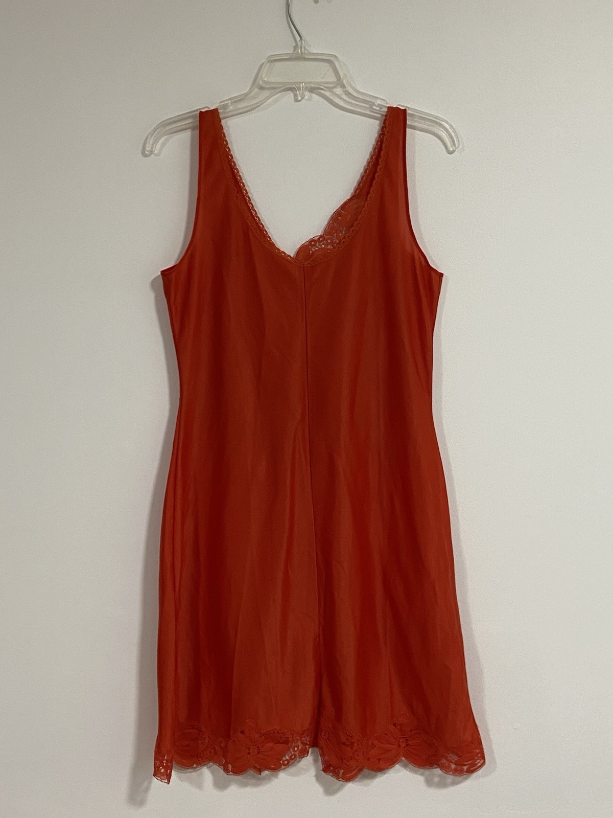 Vintage Lipstick Red Full Slip Lace Trim Lingerie Dress Unlabeled Size Small