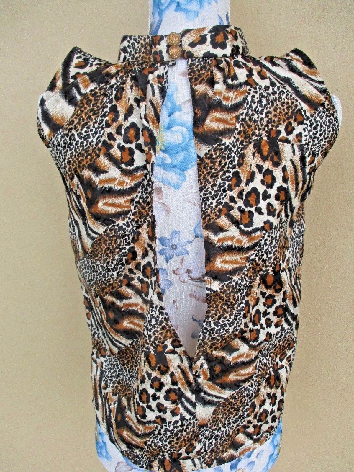 Vtg Leopard Animal Print Tank Pleated Keyhole Open Back Size~ M