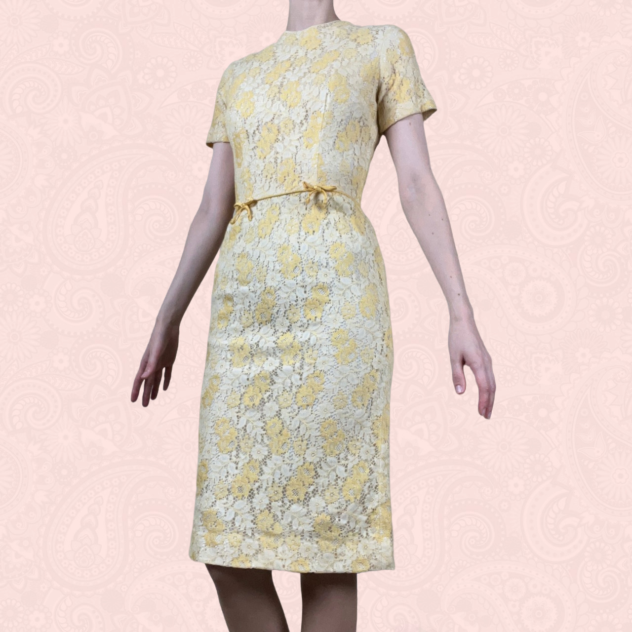 Vintage 60s 70s Yellow Cream Floral Lace Fitted Wiggle Short Sleeve Dress XS
