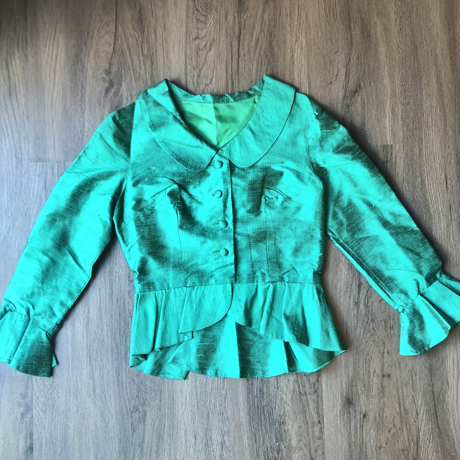 VTG Handmade Peplum Blouse Top Womens 34 Emerald Green Silk Dupioni Retro Glam