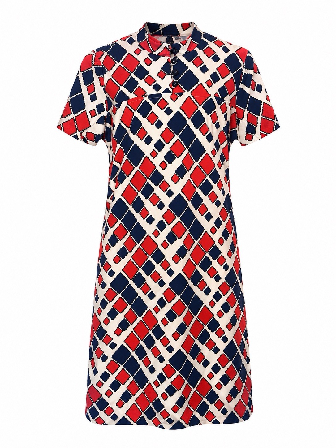Vintage Handmade Mod Shift Dress Geometric Red Blue Polyester Retro Women’s
