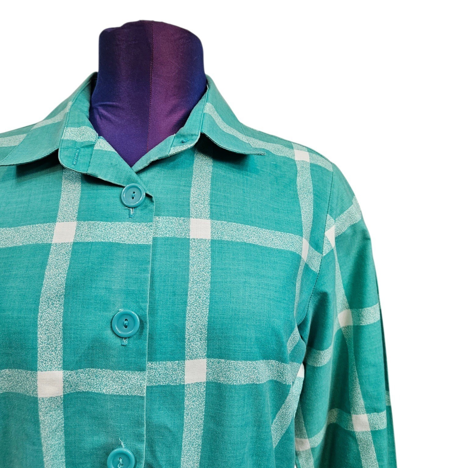 Vintage Sears The Shirtdress Teal Green Plaid Button Down Midi Dress 13/14 i69