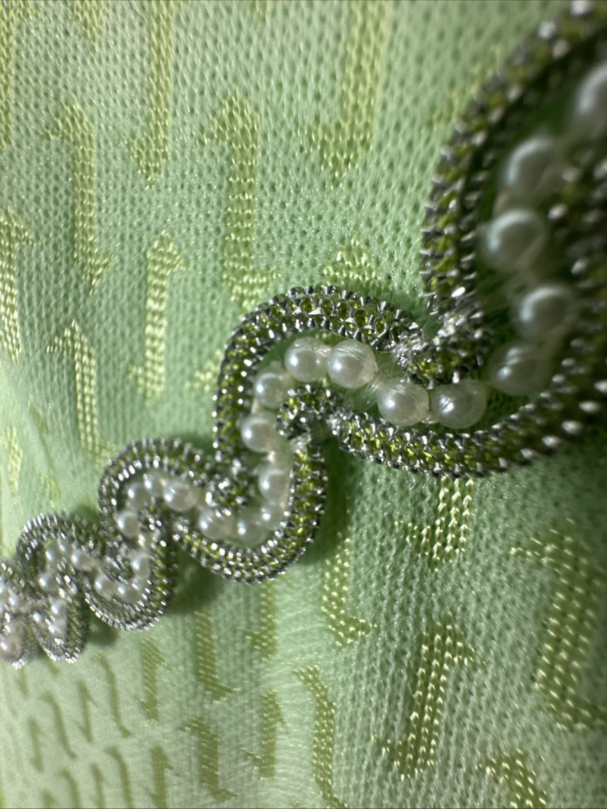 Vtg 60s Maxi Dress Empire Waist Green W/Gold Jacquard Beaded Trim 34″ Bust S 6/8