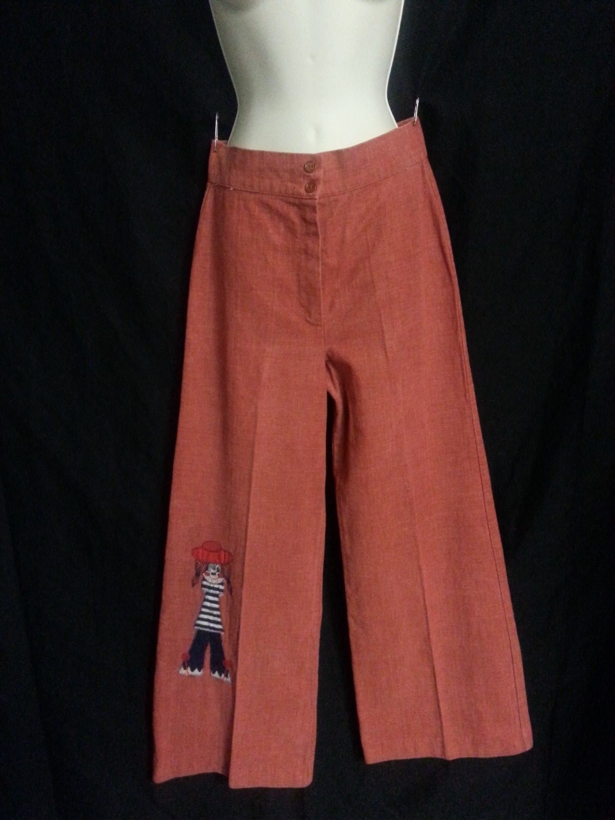 VTG 70s Wide Leg Elephant Pants High Waist Raggedy Ann Salmon Orange Hippy 27-30