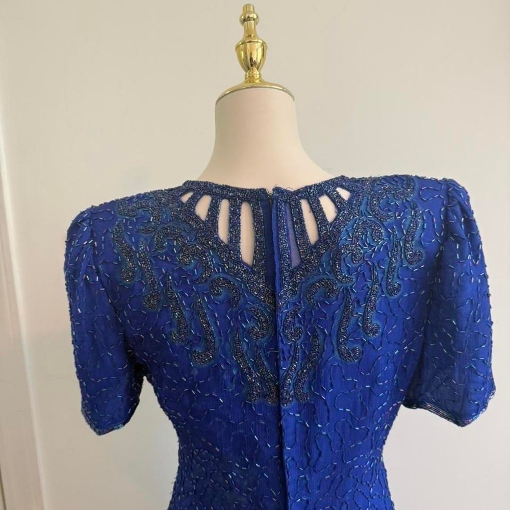 Vintage Lawrence Kagan 100% Silk Royal Blue Beaded Cutout Dress — Size L