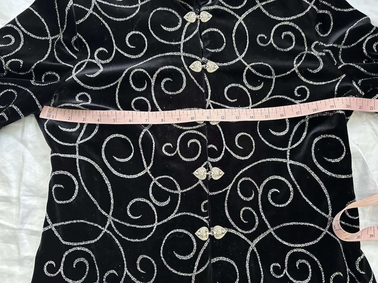 Vintage BLACK VELVET Silver Glitter Mandarin Collar Jacket Size 12 Women JBS LTD