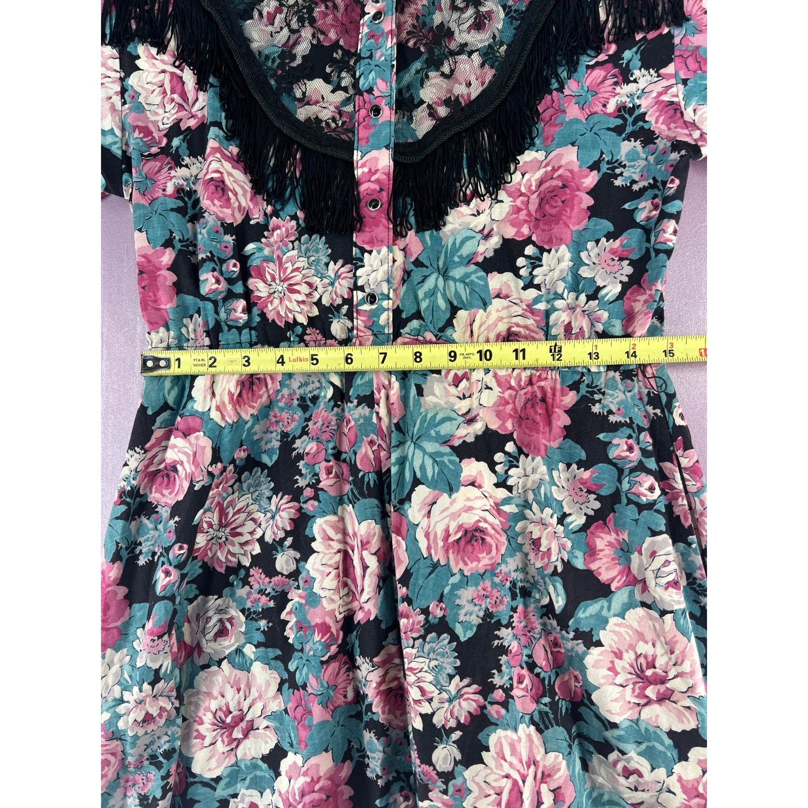 Vintage Panhandle Slim Floral Western Maxi Dress Fringe Pearl Snap Prairiecore