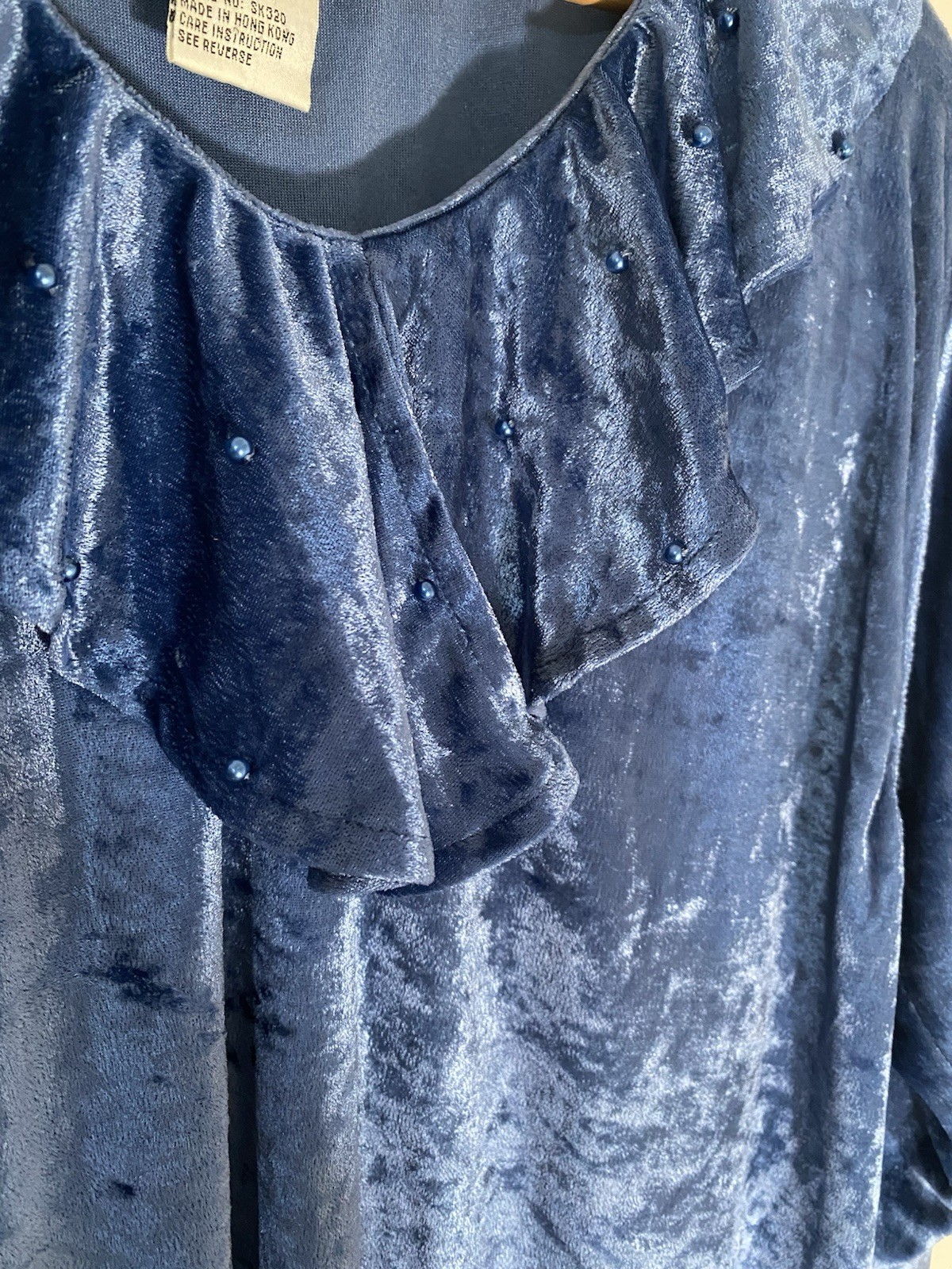 Lacy After Noon Vintage Crushed Blue Velvet Ruffled Long Sleeve Blouse Beaded L
