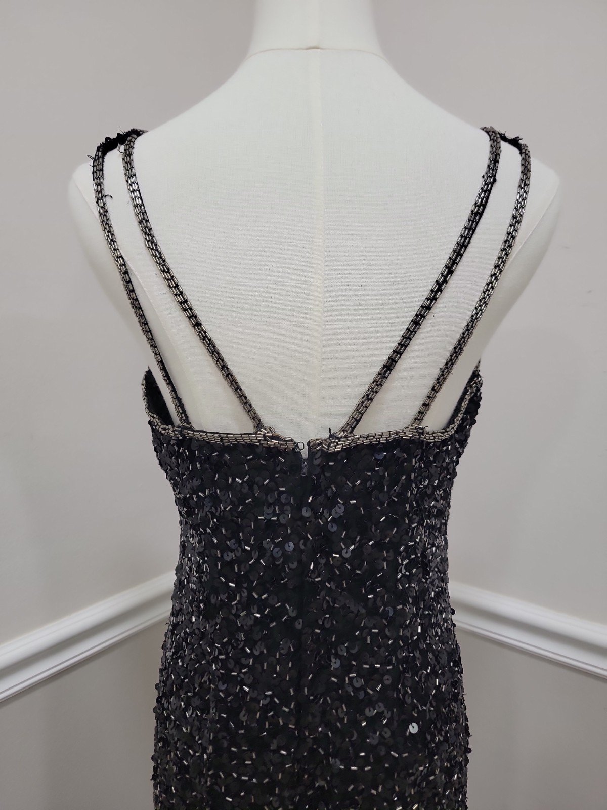 VTG 90s Black Sequin Column Gown Sleeveless Silk Evening Formal Prom Dress Med