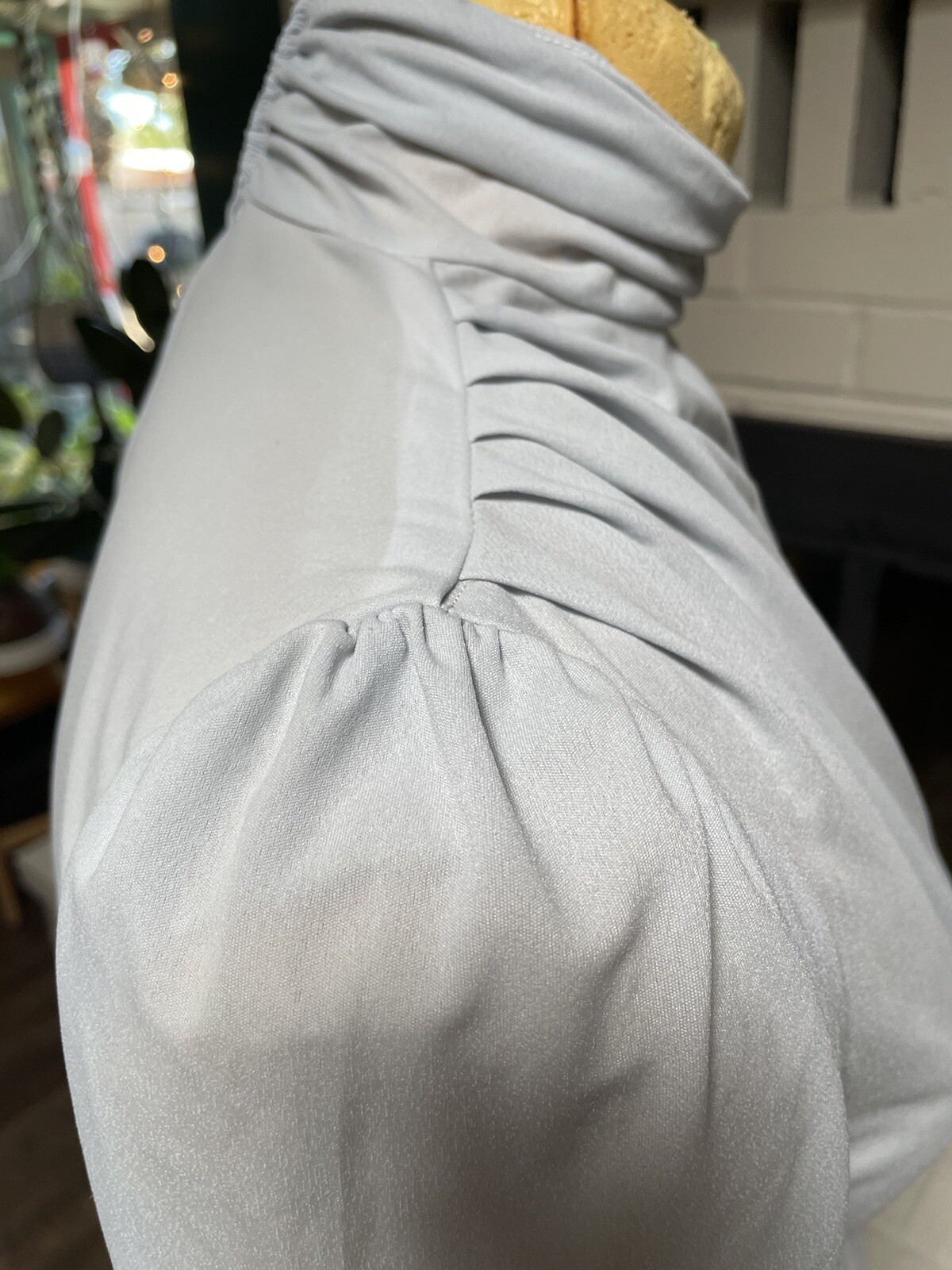Vtg 70s Icy Blue Polyester Dress Secretary Disco Semi Sheer Puff Sleeve Petite 6