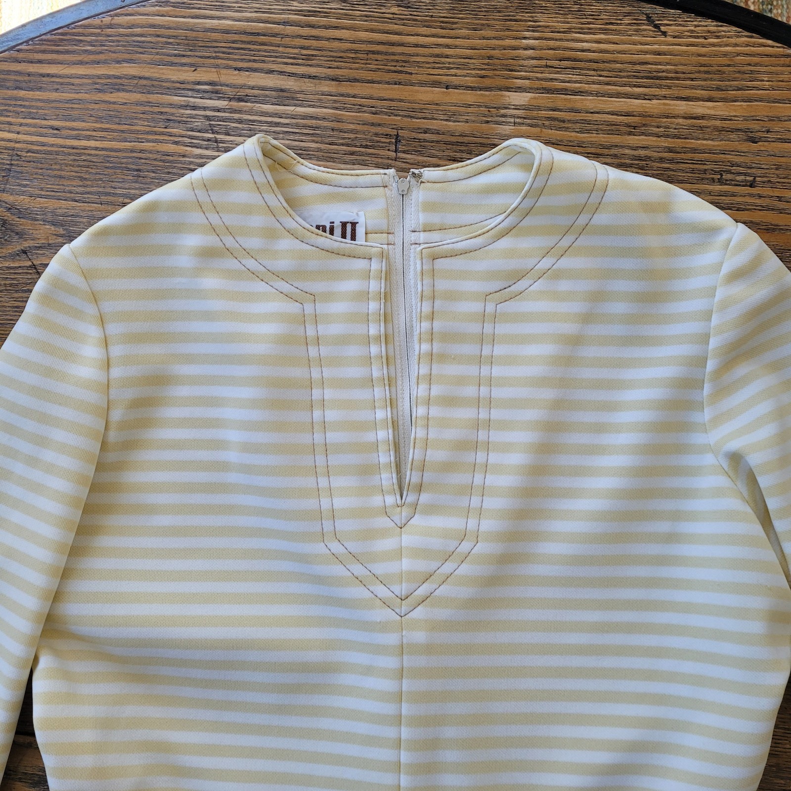 VTG Fit Flare Dress M Butter Yellow Ivory Stripe Pockets Stretch USA Retro Comfy