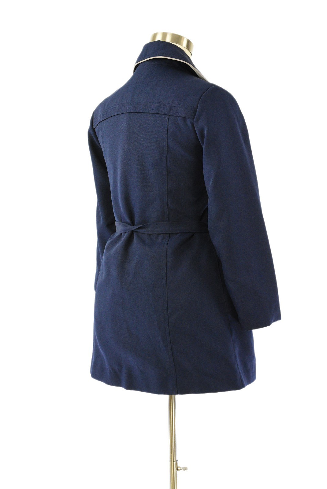 70s Vintage Gabardine Jacket Womens M Navy Blue Trench Coat Gray Piping Belted