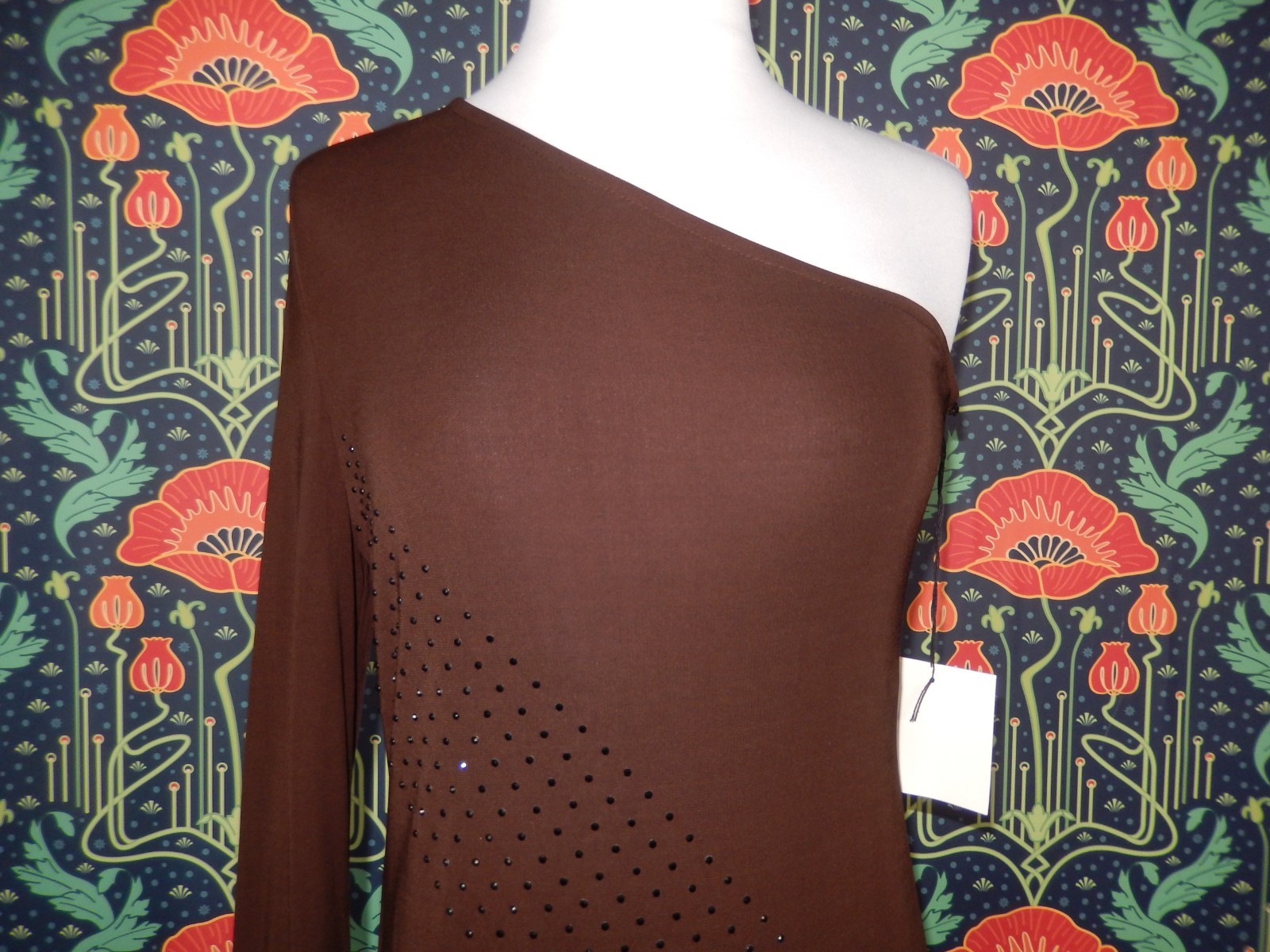 Vintage Y2K Chocolate Brown One Sleeve Shoulder Crystal Maxi Cocktail Dress