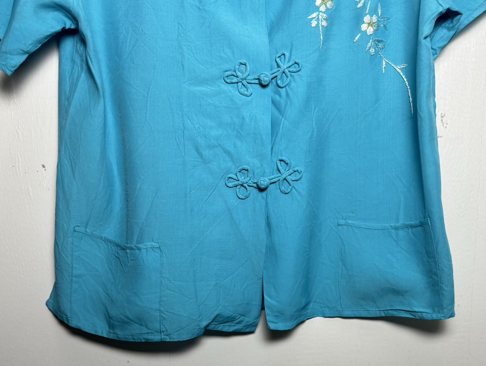 Vtg 80s Turquoise Mandarin Top M Floral Embroidered Frog Closure Rayon Japan