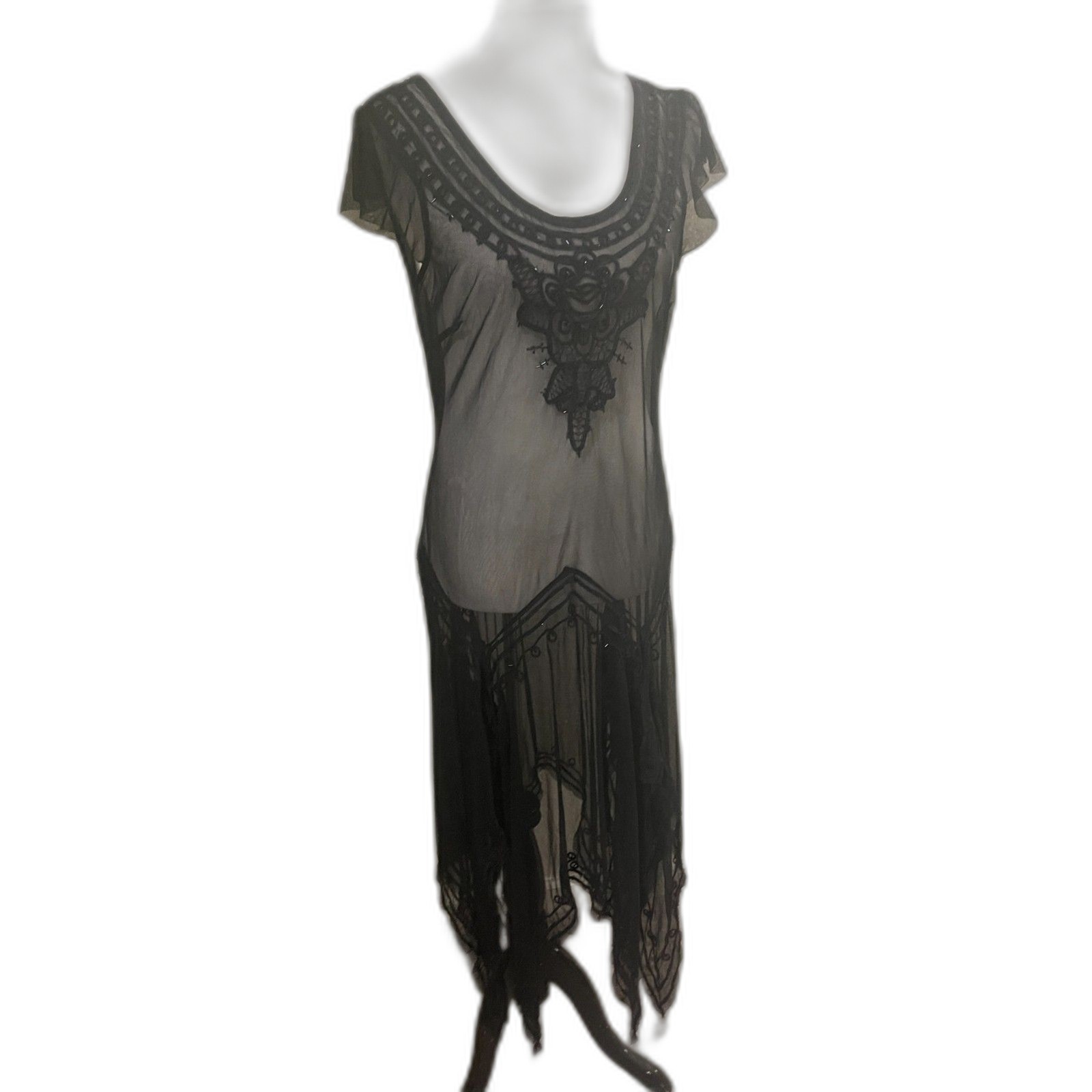 Antique 1920s Black Net Dress Hand Beaded & Sequins Flower Tiered Maxi vintage M