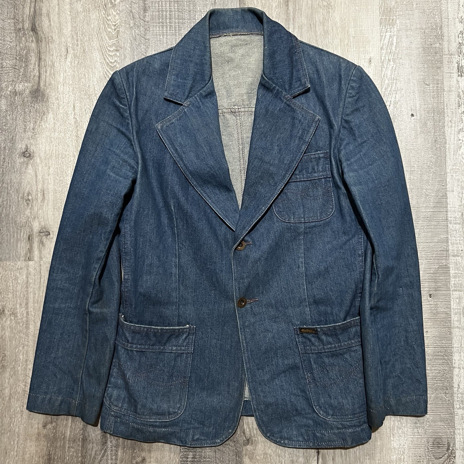 VTG Woodman 1970s Denim Western Blazer Jacket Hippie 2 Button 3 Pocket Boho S